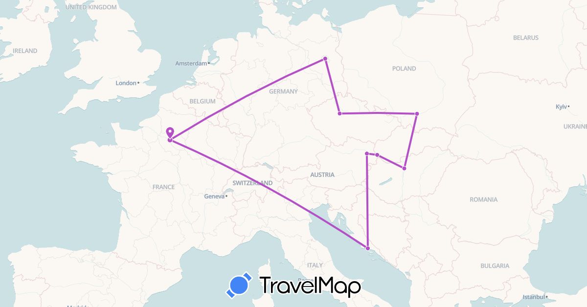 TravelMap itinerary: driving, train in Austria, Czech Republic, Germany, France, Croatia, Hungary, Poland, Slovakia (Europe)